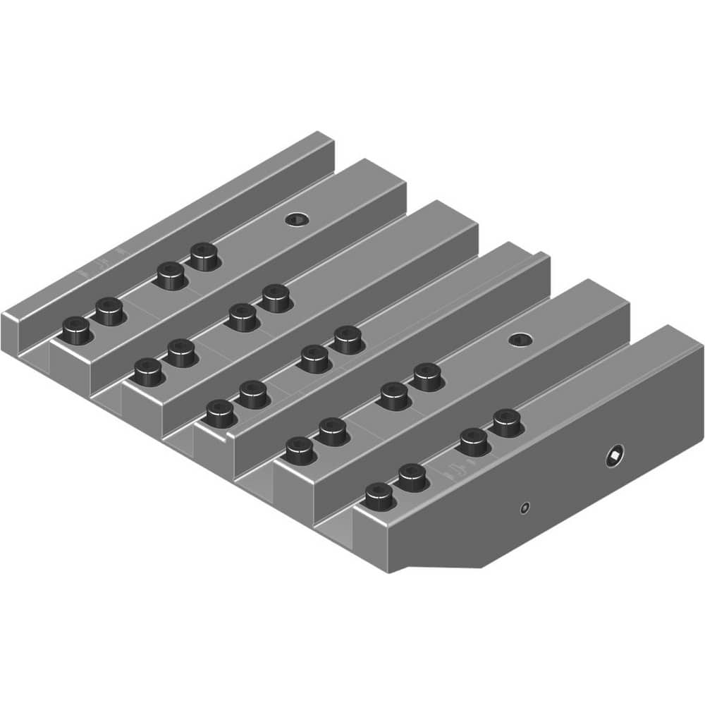 Swiss Gang Plates; Machine Compatibility: Hanwha; For Use With: Hanwha XD38 II R; Number of Stations: 5; Quick Change: Yes; Material: Alloy Steel; Station Size: 4x12mm, 1x16mm; Additional Information: Only ARNO split-shank ™FAST CHANGE ™ tool holders and