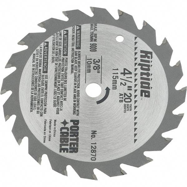 Porter-Cable - 4-1/2" Diam, 3/8" Arbor Hole Diam, 20 Tooth Wet & Dry Cut Saw Blade - Carbide-Tipped, Ripping Action, Standard Round Arbor - Exact Industrial Supply