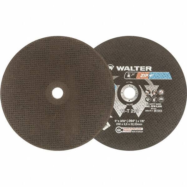 WALTER Surface Technologies - 9" 46 Grit Aluminum Oxide Cutoff Wheel - 3/32" Thick, 7/8" Arbor, 6,600 Max RPM, Use with Angle Grinders - Exact Industrial Supply