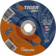 Weiler - 30 Grit, 9" Wheel Diam, 7/8" Arbor Hole, Type 27 Depressed Center Wheel - Hard Grade, Zirconia Alumina, T Hardness, 10,200 Max RPM - Exact Industrial Supply