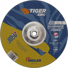 Weiler - 30 Grit, 9" Wheel Diam, Type 27 Depressed Center Wheel - Hard Grade, Zirconia Alumina, T Hardness, 6,600 Max RPM - Exact Industrial Supply