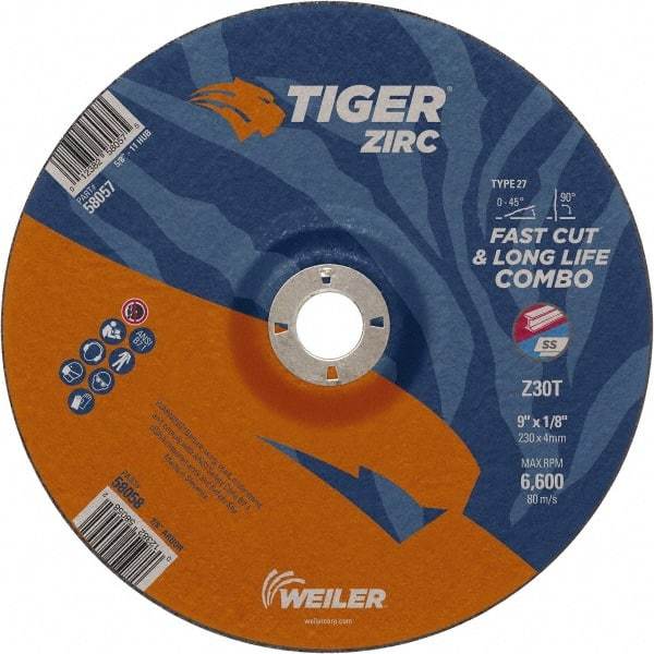 Weiler - 30 Grit, 9" Wheel Diam, 7/8" Arbor Hole, Type 27 Depressed Center Wheel - Hard Grade, Zirconia Alumina, T Hardness, 6,600 Max RPM - Exact Industrial Supply