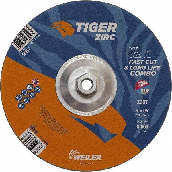 Weiler - 30 Grit, 9" Wheel Diam, Type 27 Depressed Center Wheel - Hard Grade, Zirconia Alumina, T Hardness, 6,600 Max RPM - Exact Industrial Supply