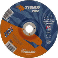 Weiler - 30 Grit, 7" Wheel Diam, 7/8" Arbor Hole, Type 27 Depressed Center Wheel - Hard Grade, Zirconia Alumina, T Hardness, 8,500 Max RPM - Exact Industrial Supply