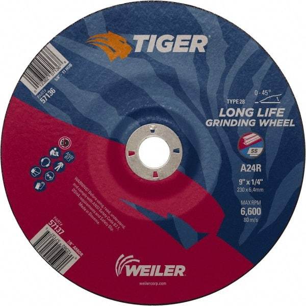 Weiler - 24 Grit, 9" Wheel Diam, 7/8" Arbor Hole, Type 28 Depressed Center Wheel - Medium Grade, Aluminum Oxide, R Hardness, 6,600 Max RPM - Exact Industrial Supply