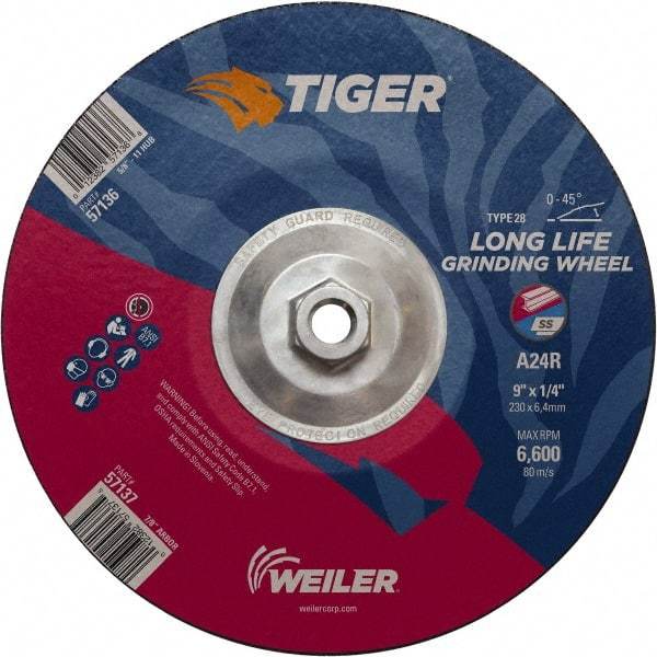 Weiler - 24 Grit, 9" Wheel Diam, Type 28 Depressed Center Wheel - Medium Grade, Aluminum Oxide, R Hardness, 6,600 Max RPM - Exact Industrial Supply