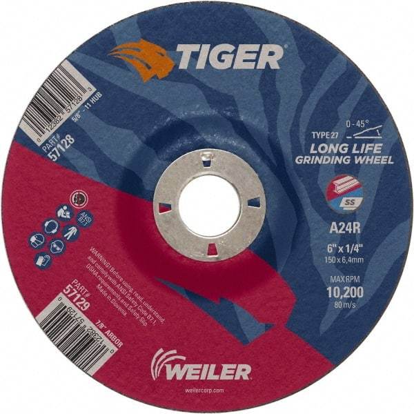 Weiler - 24 Grit, 6" Wheel Diam, 7/8" Arbor Hole, Type 27 Depressed Center Wheel - Medium Grade, Aluminum Oxide, R Hardness, 10,200 Max RPM - Exact Industrial Supply