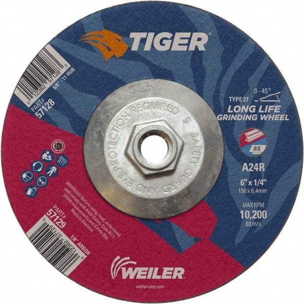 Weiler - 24 Grit, 6" Wheel Diam, Type 27 Depressed Center Wheel - Medium Grade, Aluminum Oxide, R Hardness, 10,200 Max RPM - Exact Industrial Supply