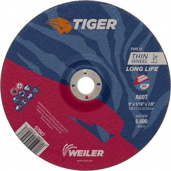 Weiler - 60 Grit, 9" Wheel Diam, 7/8" Arbor Hole, Type 27 Depressed Center Wheel - Hard Grade, Aluminum Oxide, T Hardness, 6,600 Max RPM - Exact Industrial Supply