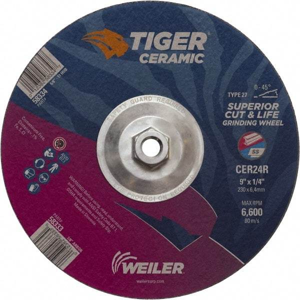 Weiler - 24 Grit, 9" Wheel Diam, Type 27 Depressed Center Wheel - Medium Grade, Ceramic, R Hardness, 6,600 Max RPM - Exact Industrial Supply
