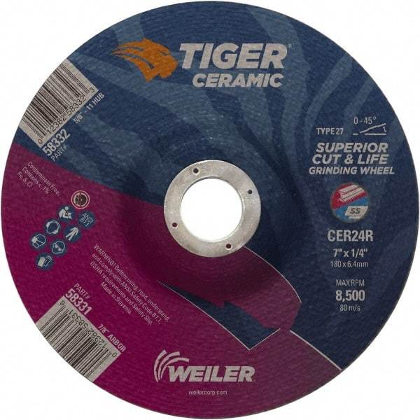 Weiler - 24 Grit, 7" Wheel Diam, 7/8" Arbor Hole, Type 27 Depressed Center Wheel - Medium Grade, Ceramic, R Hardness, 8,500 Max RPM - Exact Industrial Supply