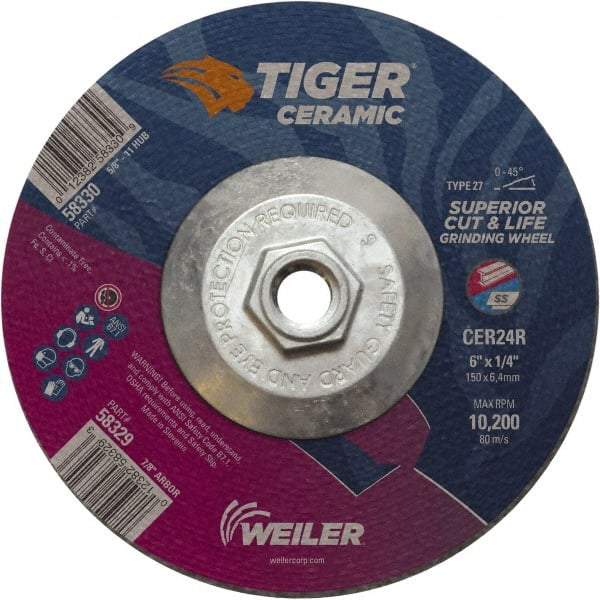 Weiler - 24 Grit, 6" Wheel Diam, Type 27 Depressed Center Wheel - Medium Grade, Ceramic, R Hardness, 10,200 Max RPM - Exact Industrial Supply