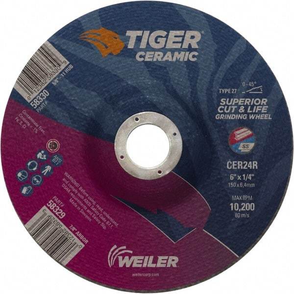 Weiler - 24 Grit, 6" Wheel Diam, 7/8" Arbor Hole, Type 27 Depressed Center Wheel - Medium Grade, Ceramic, R Hardness, 10,200 Max RPM - Exact Industrial Supply