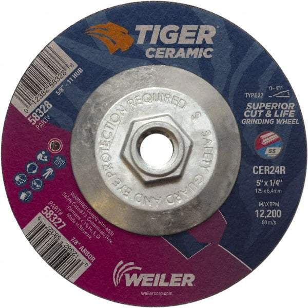 Weiler - 24 Grit, 5" Wheel Diam, Type 27 Depressed Center Wheel - Medium Grade, Ceramic, R Hardness, 12,200 Max RPM - Exact Industrial Supply