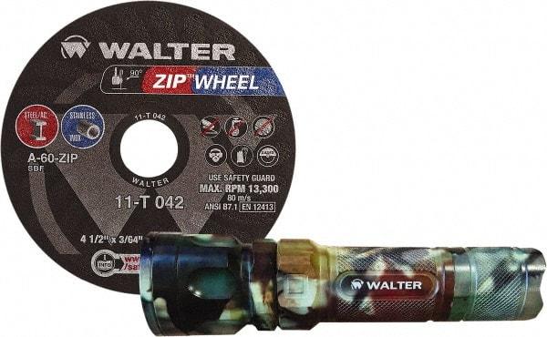 WALTER Surface Technologies - 4-1/2" 60 Grit Aluminum Oxide Cutoff Wheel - 3/64" Thick, 7/8" Arbor, 13,300 Max RPM, Use with Angle Grinders - Exact Industrial Supply