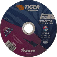Weiler - 6" 60 Grit Ceramic Cutoff Wheel - 0.045" Thick, 7/8" Arbor, 10,200 Max RPM, Use with Angle Grinders - Exact Industrial Supply