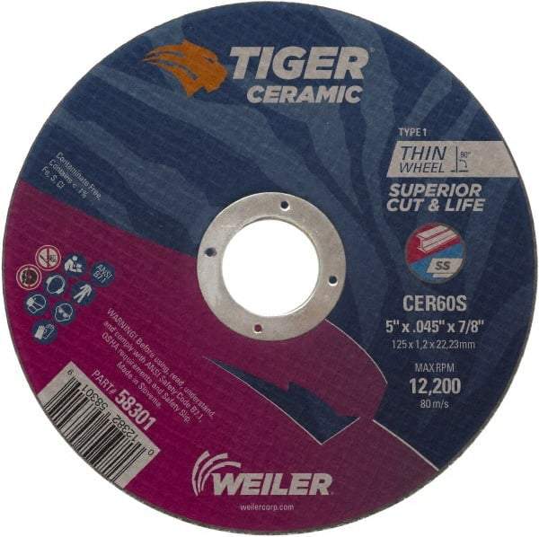 Weiler - 5" 60 Grit Ceramic Cutoff Wheel - 0.045" Thick, 7/8" Arbor, 12,200 Max RPM, Use with Angle Grinders - Exact Industrial Supply