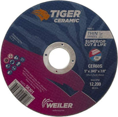 Weiler - 5" 60 Grit Ceramic Cutoff Wheel - 0.045" Thick, 7/8" Arbor, 12,200 Max RPM, Use with Angle Grinders - Exact Industrial Supply