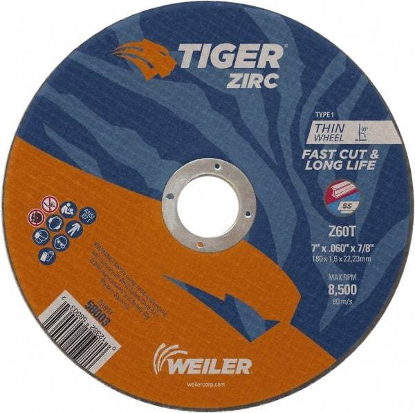 Weiler - 7" 60 Grit Zirconia Alumina Cutoff Wheel - 0.06" Thick, 7/8" Arbor, 8,500 Max RPM, Use with Angle Grinders - Exact Industrial Supply