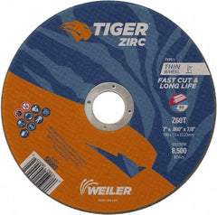 Weiler - 7" 60 Grit Zirconia Alumina Cutoff Wheel - 0.06" Thick, 7/8" Arbor, 8,500 Max RPM, Use with Angle Grinders - Exact Industrial Supply