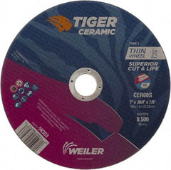 Weiler - 7" 60 Grit Ceramic Cutoff Wheel - 0.06" Thick, 7/8" Arbor, 8,500 Max RPM, Use with Angle Grinders - Exact Industrial Supply