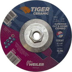 Weiler - 30 Grit, 6" Wheel Diam, Type 27 Depressed Center Wheel - Hard Grade, Ceramic, T Hardness, 10,200 Max RPM - Exact Industrial Supply