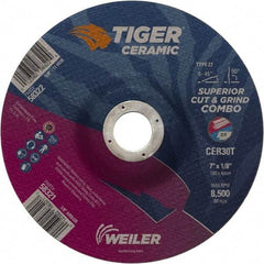 Weiler - 30 Grit, 7" Wheel Diam, 7/8" Arbor Hole, Type 27 Depressed Center Wheel - Hard Grade, Ceramic, T Hardness, 8,500 Max RPM - Exact Industrial Supply