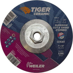 Weiler - 30 Grit, 7" Wheel Diam, Type 27 Depressed Center Wheel - Hard Grade, Ceramic, T Hardness, 8,500 Max RPM - Exact Industrial Supply