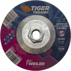 Weiler - 30 Grit, 5" Wheel Diam, Type 27 Depressed Center Wheel - Hard Grade, Ceramic, T Hardness, 12,200 Max RPM - Exact Industrial Supply