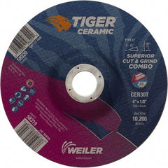 Weiler - 30 Grit, 6" Wheel Diam, 7/8" Arbor Hole, Type 27 Depressed Center Wheel - Hard Grade, Ceramic, T Hardness, 10,200 Max RPM - Exact Industrial Supply