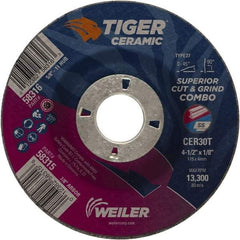 Weiler - 30 Grit, 4-1/2" Wheel Diam, 7/8" Arbor Hole, Type 27 Depressed Center Wheel - Hard Grade, Ceramic, T Hardness, 13,300 Max RPM - Exact Industrial Supply
