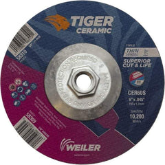 Weiler - 60 Grit, 6" Wheel Diam, Type 27 Depressed Center Wheel - Medium Grade, Ceramic, S Hardness, 10,200 Max RPM - Exact Industrial Supply