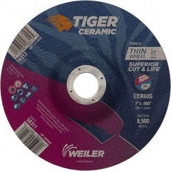 Weiler - 60 Grit, 7" Wheel Diam, 7/8" Arbor Hole, Type 27 Depressed Center Wheel - Medium Grade, Ceramic, S Hardness, 8,500 Max RPM - Exact Industrial Supply