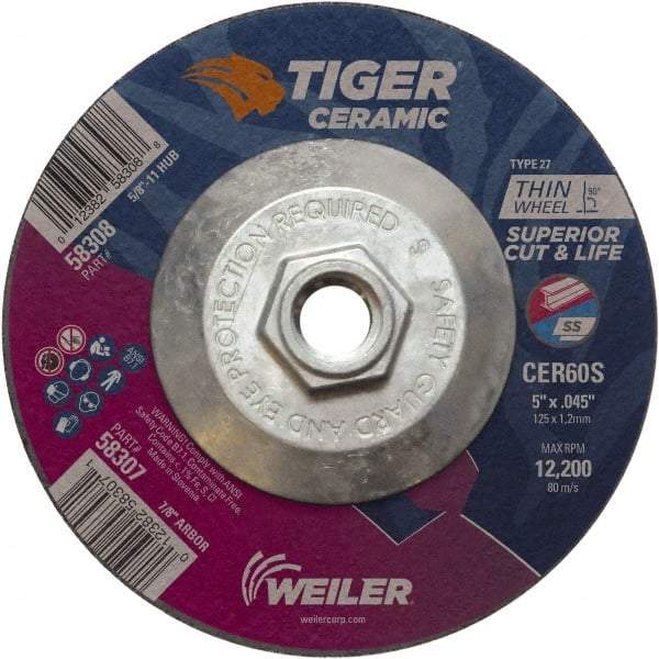 Weiler - 60 Grit, 5" Wheel Diam, Type 27 Depressed Center Wheel - Medium Grade, Ceramic, S Hardness, 12,200 Max RPM - Exact Industrial Supply