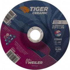Weiler - 60 Grit, 6" Wheel Diam, 7/8" Arbor Hole, Type 27 Depressed Center Wheel - Medium Grade, Ceramic, S Hardness, 10,200 Max RPM - Exact Industrial Supply