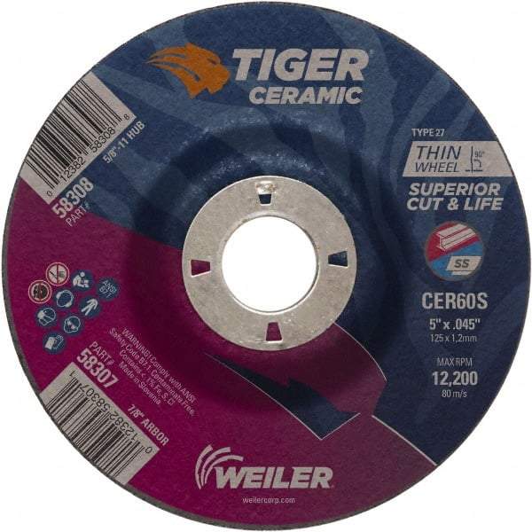 Weiler - 60 Grit, 5" Wheel Diam, 7/8" Arbor Hole, Type 27 Depressed Center Wheel - Medium Grade, Ceramic, S Hardness, 12,200 Max RPM - Exact Industrial Supply