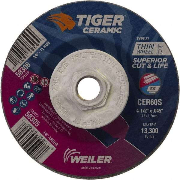 Weiler - 60 Grit, 4-1/2" Wheel Diam, Type 27 Depressed Center Wheel - Medium Grade, Ceramic, S Hardness, 13,300 Max RPM - Exact Industrial Supply