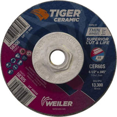 Weiler - 60 Grit, 4-1/2" Wheel Diam, Type 27 Depressed Center Wheel - Medium Grade, Ceramic, S Hardness, 13,300 Max RPM - Exact Industrial Supply
