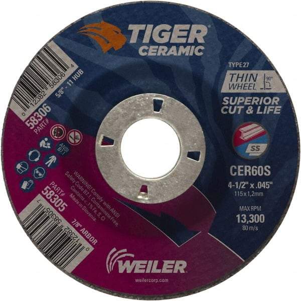 Weiler - 60 Grit, 4-1/2" Wheel Diam, 7/8" Arbor Hole, Type 27 Depressed Center Wheel - Medium Grade, Ceramic, S Hardness, 13,300 Max RPM - Exact Industrial Supply