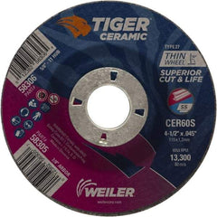 Weiler - 60 Grit, 4-1/2" Wheel Diam, 7/8" Arbor Hole, Type 27 Depressed Center Wheel - Medium Grade, Ceramic, S Hardness, 13,300 Max RPM - Exact Industrial Supply