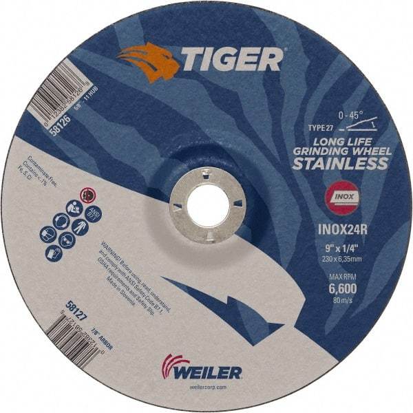 Weiler - 24 Grit, 9" Wheel Diam, 7/8" Arbor Hole, Type 27 Depressed Center Wheel - Medium Grade, Aluminum Oxide, R Hardness, 6,600 Max RPM - Exact Industrial Supply