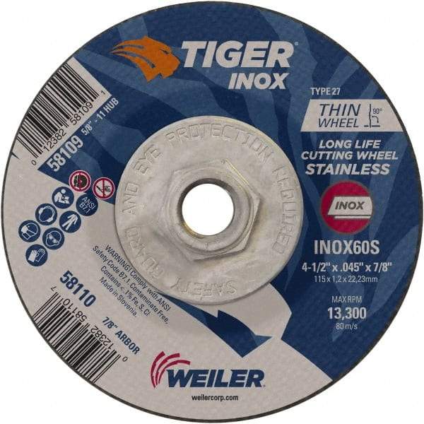Weiler - 60 Grit, 4-1/2" Wheel Diam, Type 27 Depressed Center Wheel - Medium Grade, Aluminum Oxide, S Hardness, 13,300 Max RPM - Exact Industrial Supply