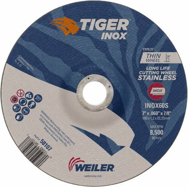 Weiler - 60 Grit, 7" Wheel Diam, 7/8" Arbor Hole, Type 27 Depressed Center Wheel - Medium Grade, Aluminum Oxide, S Hardness, 8,500 Max RPM - Exact Industrial Supply