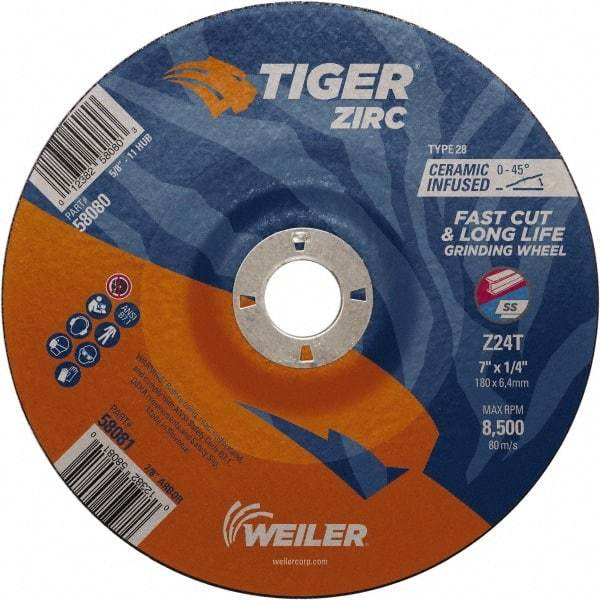 Weiler - 24 Grit, 7" Wheel Diam, 7/8" Arbor Hole, Type 28 Depressed Center Wheel - Hard Grade, Zirconia Alumina, T Hardness, 8,500 Max RPM - Exact Industrial Supply