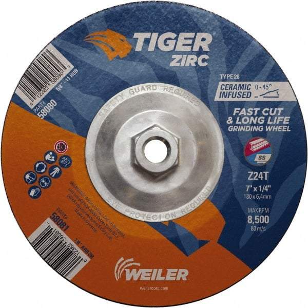 Weiler - 24 Grit, 7" Wheel Diam, Type 28 Depressed Center Wheel - Hard Grade, Zirconia Alumina, T Hardness, 8,500 Max RPM - Exact Industrial Supply