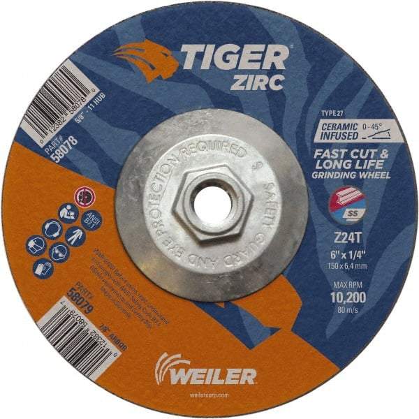 Weiler - 24 Grit, 6" Wheel Diam, Type 27 Depressed Center Wheel - Hard Grade, Zirconia Alumina, T Hardness, 10,200 Max RPM - Exact Industrial Supply