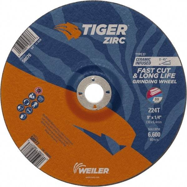 Weiler - 24 Grit, 9" Wheel Diam, 7/8" Arbor Hole, Type 27 Depressed Center Wheel - Hard Grade, Zirconia Alumina, T Hardness, 6,600 Max RPM - Exact Industrial Supply