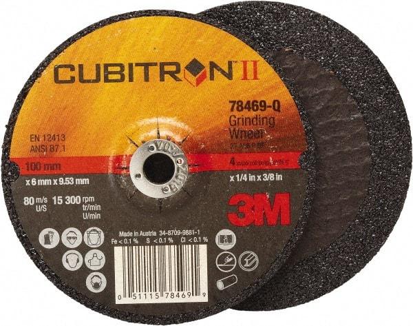 3M - 36 Grit, 4" Wheel Diam, 1/4" Wheel Thickness, 3/8" Arbor Hole, Type 27 Depressed Center Wheel - Coarse Grade, Ceramic, Resinoid Bond, Q Hardness, 15,000 Max RPM, Compatible with Angle Grinder - Exact Industrial Supply
