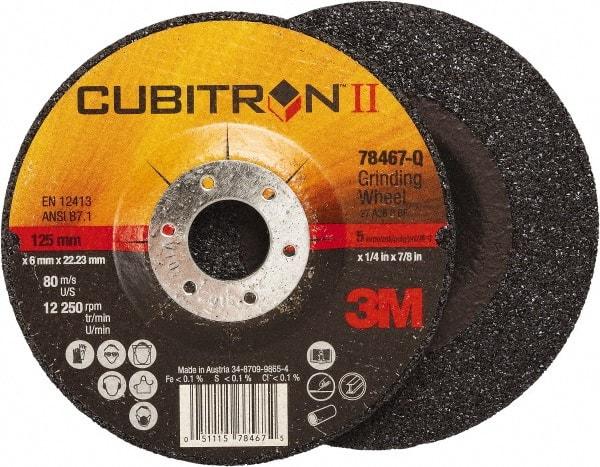 3M - 36 Grit, 5" Wheel Diam, 1/4" Wheel Thickness, 7/8" Arbor Hole, Type 27 Depressed Center Wheel - Coarse Grade, Ceramic, Resinoid Bond, Q Hardness, 12,250 Max RPM, Compatible with Angle Grinder - Exact Industrial Supply
