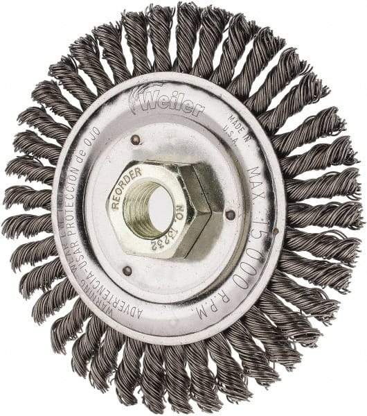 Weiler - 4-1/2" OD, 5/8" Arbor Hole, Knotted Steel Wheel Brush - 3/16" Face Width, 7/8" Trim Length, 0.02" Filament Diam, 12,500 RPM - Exact Industrial Supply